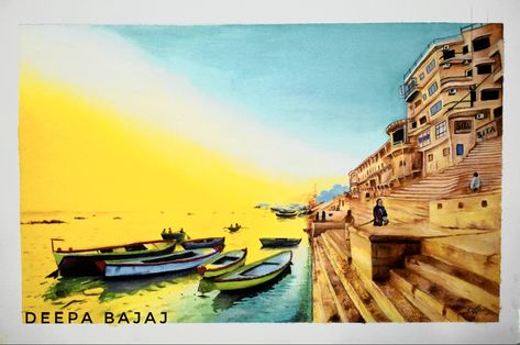 Ganga Ghat Painting, Assi Ghat Varanasi, Ganga Ghat, Colours Painting, Watercolor Paintings For Beginners, Acrylic Colours, Painted Stairs, Perspective Drawing, Simple Acrylic Paintings