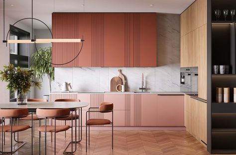 Kitchen Front Design, Dark Pink Kitchen, Interior Design Boards, New House - Kitchen, House Furniture Design, Pink Kitchen, Kitchen Color, Kitchen Furniture Design, Kitchen Wallpaper