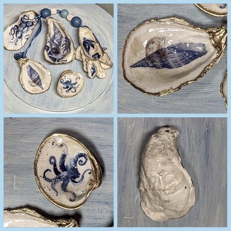 Handcrafted Decoupaged Oyster Shells Turtles Octopus Seashells Beach Themed Wood Beads Ribbon And Charm Accents, Made By Me, Acrylic Finish On Both Sides, Great Decor For A Beach Cottage Or Home, Unique Art To Keep Or Gift, Shells Are Approximately 3 To 4" Edged In 18k Gold 5 Shells In This Grouping, Trinket Dish, Hanging Double Sided & Accents To Scatter Around The Room Or Porch, I Can Customize Other Themes, See My Other Listings For A Sampling. Oyster Shells Diy, Shells Decor, Oyster Shells Decor, Diy Coastal Decor, Oyster Art, Spoon Craft, Shell Painting, Coastal Crafts, Crab Shells