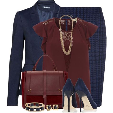 Navy & Burgundy by brendariley-1 on Polyvore featuring Billie & Blossom, Hallhuber, Planet, Jimmy Choo, JÃ©rÃ´me Dreyfuss, Lele Sadoughi and Chanel Navy Blue Skirt Outfit Ideas, Work Skirt Outfit, Blue Skirt Outfits, Navy Pencil Skirt, Burgundy Outfit, Lele Sadoughi, Red Blouse, Outfit Combinations, Work Wardrobe