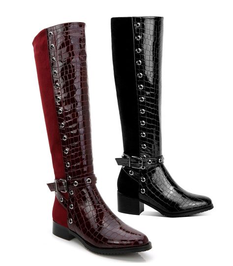 PRICES MAY VARY. Product Features: Croc accent front upper and shaft, faux suede back exterior; Perorated trim on shaft and buckle straps; Inside zipper closure Material: Faux Leather; Lining: Fabric fully lined; Heel: 2.25" stacked; Heel Class: Med (1 3/4 in. to 2 3/4 in.); Platform: 0.3"; Shaft Height: 19" Shaft Class: Over-the-Knee; Circumference: 16.5"; Toe Shape: Almond; Sole: Thick-treaded rubber; Footbed: Cushioned foot bed Color Options: Black, Burgundy; Width Options: Medium (B, M); Bra Knee High Boots Dress, Walking In High Heels, Shop Boots Online, Bed Color, Riding Boots Fashion, Womens Low Heels, Knee High Heels, Black Block Heels, Tall Riding Boots