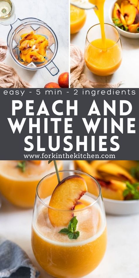 Peach White Wine Slushies are a frozen cocktail dream-come-true! They're ready in 5 minutes (as long as you already have frozen peaches), require just two ingredients, and are super refreshing on a hot summer day! Date Night Recipes To Make Together, White Wine Slushies, Spring Baking Recipes, Boozy Baking, Vegetarian Grilling Recipes, Wine Slushies, Vegetarian Grilling, Frozen Cocktail, Frozen Peaches