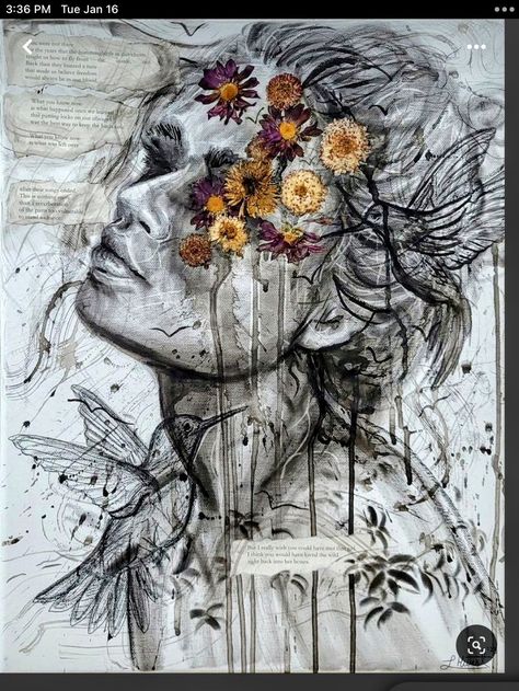 Dry Media Art, Mixed Media Drawing Ideas, Charcoal And Paint Art Mixed Media, Mixed Art Painting, Flower Mixed Media Art, Emotional Artwork Mixed Media, Different Media Art, Mixed Media Ideas Art, Mixed Media Artwork Ideas