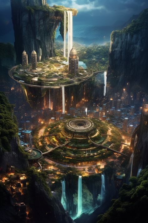 City Fantasy Art, Waterfall City, Cinematography Composition, Sci Fi Architecture, Sci Fi Landscape, Futuristic Building, Mystical Places, Fantasy Stuff, Dreams And Nightmares