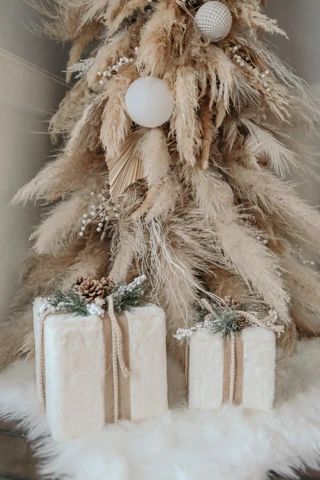 Pompass Grass On Christmas Tree, Non Traditional Tree Topper, Pompass Grass Christmas Decor, Pampas Grass Christmas Tree Decor, Christmas Tree With Pampas On It, Pompadour Grass Christmas Tree, Diy Pampas Grass Christmas Tree, How To Make A Pampas Christmas Tree, Pampas Christmas Decor