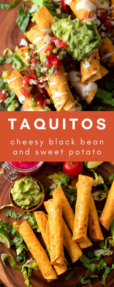 taquitos with cheese, salsa, guacamole, black beans, sweet potato, and corn Sweet Potato Black Bean Taquitos, Taquitos Sauce Recipe, Vegetarian Taquitos Baked, Mexican Food Vegetarian, Taquitos Vegetarian, Sweet Potato Taquitos, Vegetarian Taquitos, Bean Flautas, Potato Taquitos