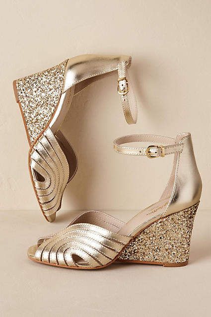 Anthropologie Bess Wedges Wedding Shoes Gold, Trendy Wedding Shoes, Bridal Shoes Wedges, Sparkly Wedding Shoes, Gold Wedding Shoes, Wedge Wedding Shoes, Gold High Heels, Gold Wedges, Wedding Boots