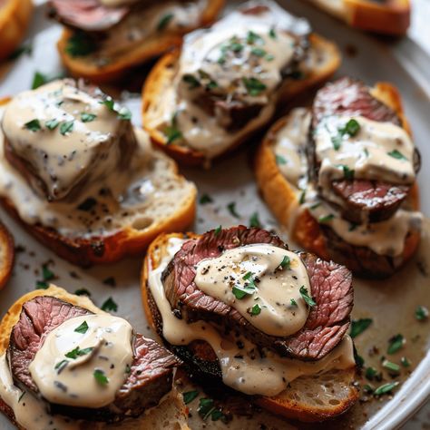 Beef Party Appetizers, Recipes For Dinner Guests, Elevated Dinner Ideas, Entertaining Must Haves, Appetizer With Meat, What To Bring To A Dinner Party, Gourmet Lunch Ideas, Beef Crostini Appetizers, Beef Tenderloin Sauce