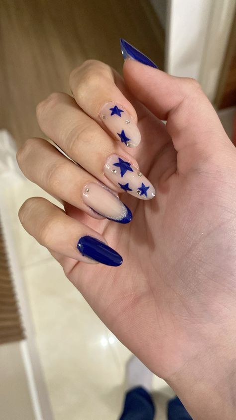 Police Inspired Nails, Hoco Nails For Dark Blue Dress, Nails For Fall/winter, Blue Nail Ideas Almond, Star Nail Ideas Y2k, Dark Blue Nails With Charms, Dark Blue Nails With Gems, Simple Acrylic Nails Blue, Nail Inspo Coffin Blue