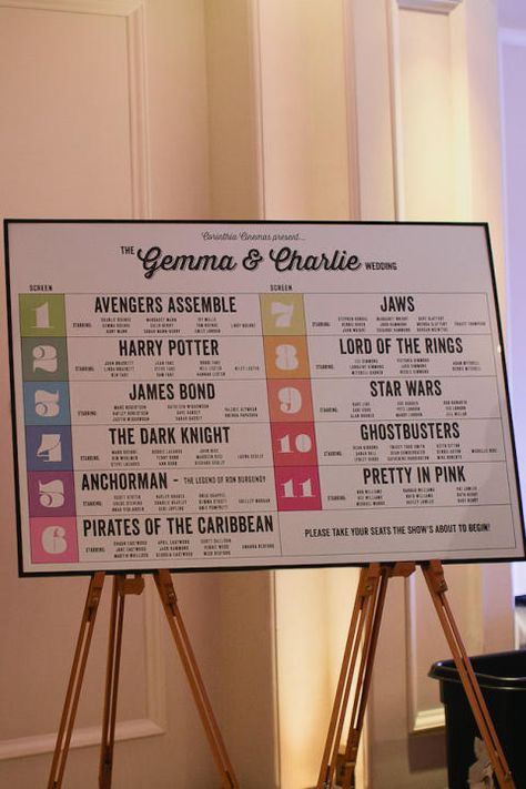 Film-Themed London Wedding | Tarah Coonan Photography | Bridal Musings Wedding Blog 33 Wedding Table Seating, Wedding Table Designs, Geek Wedding, Wedding Movies, Hollywood Wedding, Wooden Chairs, Vintage Wedding Theme, Seating Plan Wedding, Wedding Table Plan