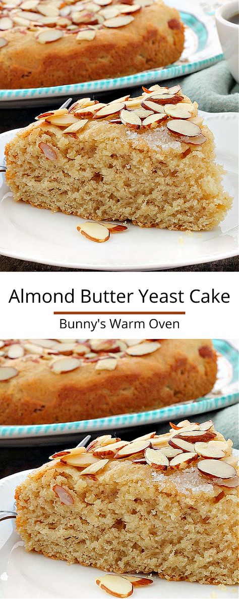 Almond Butter Yeast Cake is flavored with Almond Butter on the inside and topped with sliced almonds, sugar and butter on top. It's delicious and easy to make! Yeast Cake, Yeast Recipes, Delicious Cakes, Sliced Almonds, On The Top, Almond Butter, Yummy Cakes, No Bake Desserts, Yeast