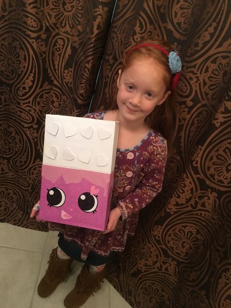 She was so proud of the Shopkins Valentine Box we created from a cereal box! This is the Cheeky Chocolate Shopkin. It turned out so cute! Valentine boxes Valentine's Day box Girls Valentines Boxes, Valentine Mailbox, February Valentines, Valentine Day Boxes, Valentine Projects, Girls Valentines, Valentine Box, Valentine's Day Diy, Valentine Decorations