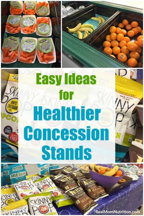 Ideas for Healthier Concession Stands That Benefit Kids and Parents (And Still Make Money!) #realmomnutrition #concessionstands #sportssnacks #snacksforkids #healthykids Pto Concession Stand, Booster Club Concessions, High School Snack Bar Ideas, Healthy Snack Bar Ideas Party, Baseball Concession Stand Food, Fundraiser Food Ideas Concession Stands, Healthy Concession Stand Food Ideas, Snack Bar Ideas Concession Stands, Sports Tournament Food Ideas