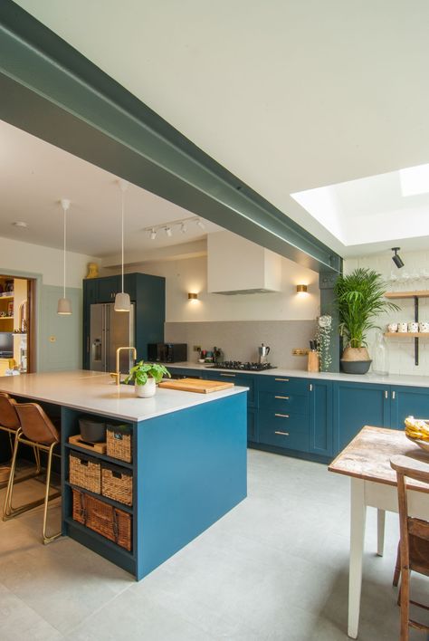 Ground-Floor-Kitchen-Extension-Exposed-Steel-Beam-Dark-Blue-Kitchen Beam In Kitchen, Beam House, Kitchen Diner Extension, Extension Plans, Open Plan Kitchen Dining Living, Open Plan Kitchen Diner, Open Plan Kitchen Dining, Open Plan Kitchen Living Room, Kitchen Dining Living