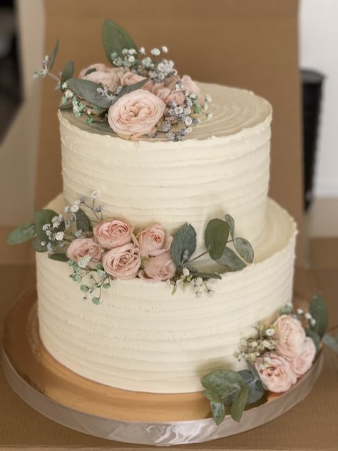 Bridal Shower Cakes With Greenery, 2 Layer Wedding Cake With Flowers, 2 Tier Elegant Cake, Pink Champagne Wedding Cake, Unfinished Wedding Cake, Blush And Green Wedding Cake, Two Layer Wedding Cakes Simple, Wedding Cakes Sage Green And Blush, Small Wedding Cake Ideas Rustic