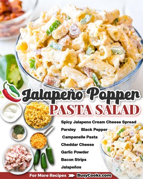 This pasta salad is hearty and creamy, loaded with bacon and spicy cream cheese dressing! Cream Cheese Dressing, Campanelle Pasta, Skillet Mac And Cheese, Bacon Wrapped Jalapeno Poppers, Bacon Wrapped Jalapenos, Summer Side Dish, Stuffed Jalapenos With Bacon, Potluck Dishes, Cream Cheese Spreads