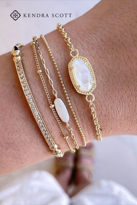 Affordable Bracelet Stack, Every Day Bracelets, Kendra Scott Layering Ideas, Kendra Scott Bracelet Layering, Gold Bracelet Layering, Stackable Gold Bracelets, Gold Bracelet Stack For Women, Everyday Bracelets Stacked, Women’s Bracelets