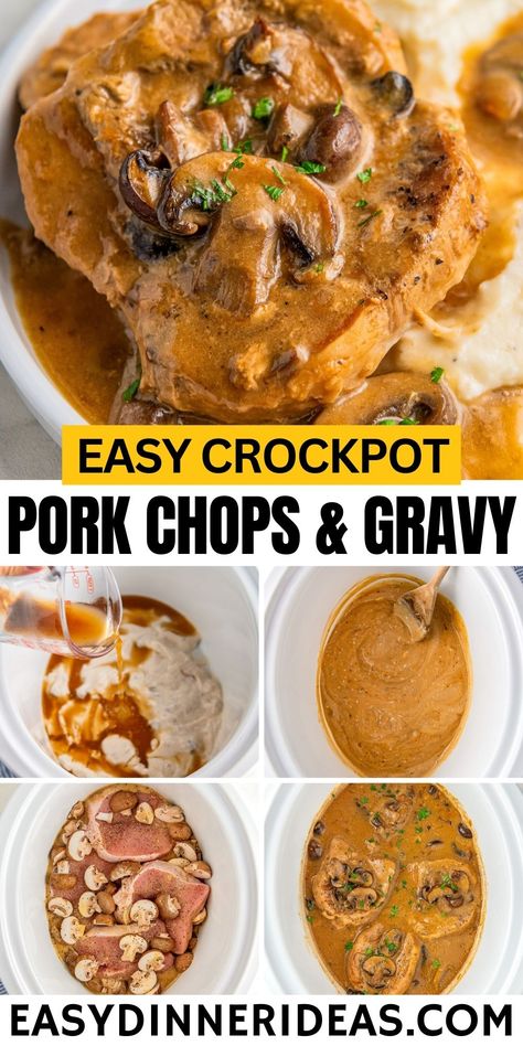 This tender crockpot pork chop recipe is an easy one-pot meal with just a few minutes of prep! Melt-in-your-mouth pork chops are smothered in a creamy mushroom gravy that's so good you’ll want to pour it over everything. #PorkChopRecipes #BudgetMeal #SlowCookerRecipes Easy Pork Chop Casserole Recipes, Pork Chops With Gravy Crock Pots, Slow Cook Pork Chops Crockpot Recipes, Pork And Gravy Crockpot, Crockpot Pork Chops With Mushrooms, Skillet Pork Chops With Mushroom Gravy, Creamy Pork Chops Crockpot, Crock Pot Cream Of Mushroom Pork Chops, Pork Chops With Mushroom Gravy Crockpot