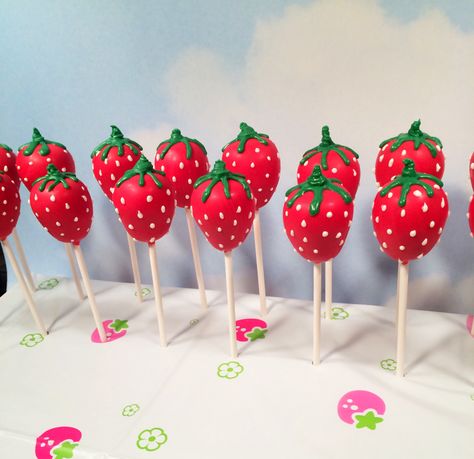 Strawberry Themed Pretzel Rods, Strawberry Theme Candy Table, Strawberry Shaped Cake Pops, Strawberry Shortcake Goodie Bags, Strawberry Shortcake Themed Baby Shower Ideas, Berry First Birthday Cake Pops, Strawberry Shortcake Theme Party Treats, Strawberry Shortcake Cake Pops, Strawberry Theme Treats