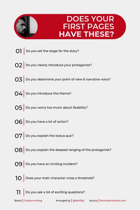 11 questions to make sure that your first page in story have flying start. Story First Lines Writing Prompts, Developing Characters, Novel Writing Outline, Storytelling Tips, Writing Expressions, Writing Outline, Writing Humor, Writing Inspiration Tips, Writing Plot