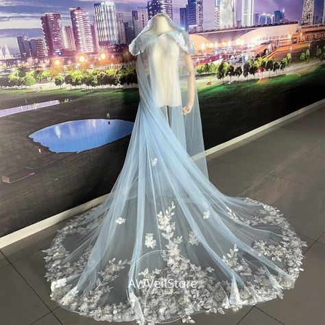 Light Blue Wedding Veil, Hooded Cape Veil, Blue Wedding Veil, White Long Sleeve Wedding Dress, Pastel Blue Wedding, Blue Wedding Gowns, Color Veil, Cape Veil, Blue Veil