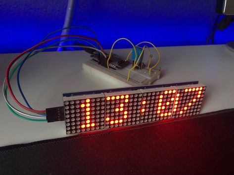 ESP8266 Clock Using MAX7219 LED Matrix Display - Hackster.io Esp8266 Projects, Scrolling Text, Led Matrix, Hobby Electronics, Timer Clock, Pendulum Clock, Humidity Sensor, Arduino Projects, Countdown Timer