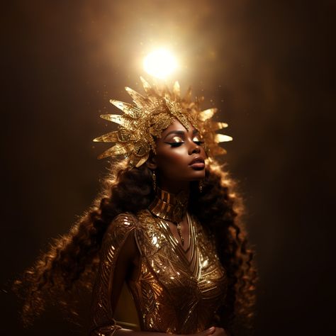 I started generating ideas for Halloween costumes. I love when someone takes a simple or abstract concept and makes it their own. When you put in the effort it steals the show, and shows off your best features Desert Theme Photoshoot, Gold Photoshoot Ideas Black Women, Gold Goddess Aesthetic, Gold Goddess, Golden Goddess Makeup Halloween, Sun Queen, Egyptian Goddess Photoshoot, Golden Goddess Photoshoot, Egyptian Photoshoot Goddesses