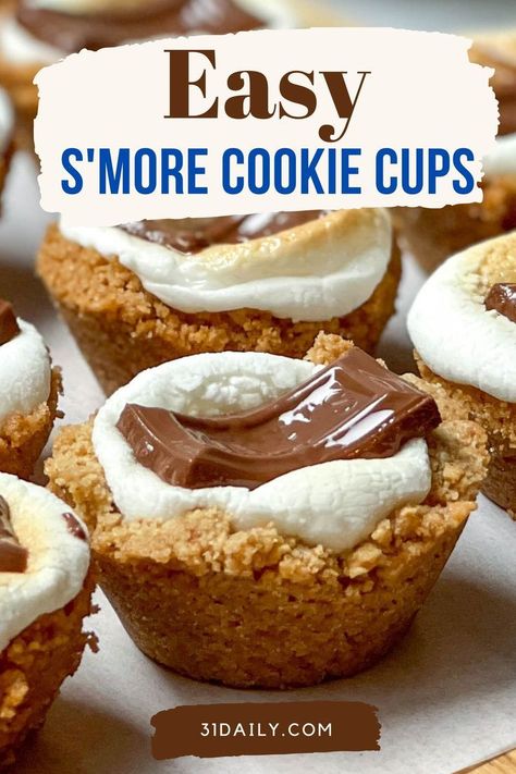 These easy S’mores Cookie Cups are the answer to s’more cravings when a campfire isn’t handy. Sweet, tender graham crusts, roasted marshmallows, and melting chocolate. Hungry yet? These delicious bites are ready in minutes with only a handful of ingredients. Yum! S'mores Cookie Cups, Easy Smores, Easy S, Easy Sweets, Smores Cookies, Cutout Sugar Cookies, Cookie Cups, Homemade Cookies, Fall Desserts