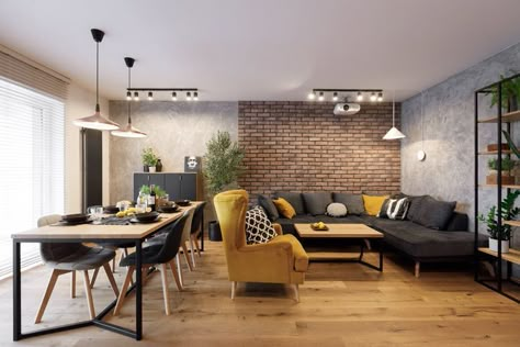 Brick Wall Design Ideas, Brick Wall Living Room, Brick Wall Design, Brick Living Room, Brick Interior, Apartment Decorating Living, Wall Design Ideas, Living Room Dining Room Combo, Living Room Decor Gray