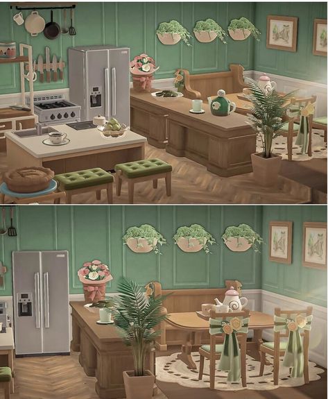 Acnh Green Room Ideas, Acnh Summer House Interior, Acnh Room Design Kitchen, Acnh House Interior Kitchen, Animal Crossing Kitchen Wallpaper Codes, Animal Crossing Big Room Ideas, Animal Crossing Kitchen Designs, Acnh Big Room Ideas, Acnh Kitchen Ideas