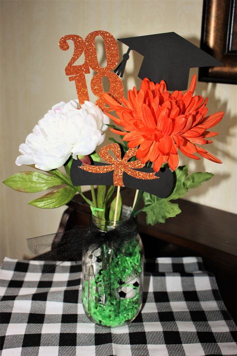 Graduation Party Orange And Black, Graduation Centerpiece Mason Jar Ideas, Black And Orange Centerpieces, Graduation Party Ideas Orange And Black, Orange And Black Party Decorations, Black And Orange Graduation Party Ideas, Open House Centerpieces, House Centerpieces, Taylor Graduation