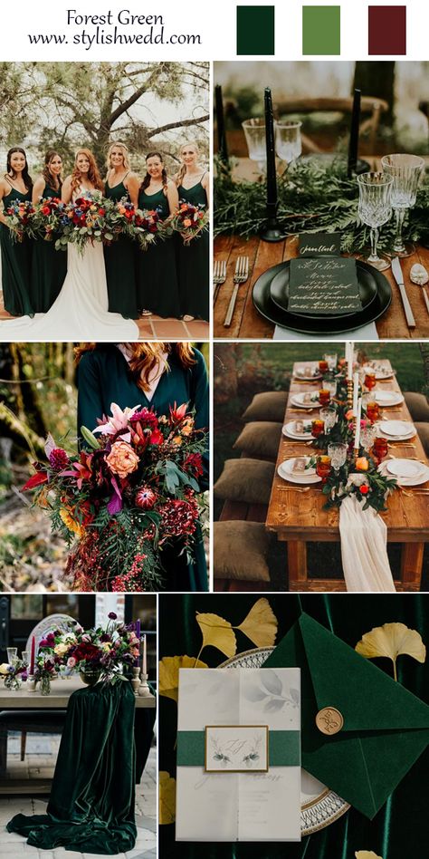 Forest Wedding Emerald Green, Dark Green Wedding With Colorful Flowers, February Wedding Theme Ideas, Dark Green And Rust Wedding Theme, Wedding Colors Dark Green Colour Schemes, Dark Green Wedding Pallet, Forest Green And Dark Red Wedding, Forest Green Boho Wedding, Wedding Forest Green Color Schemes