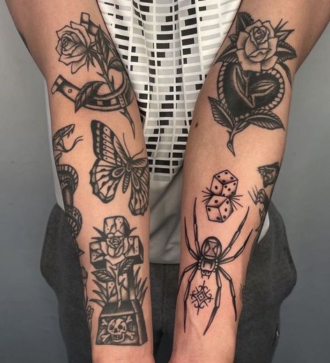 Traditional Forearm Tattoos For Women, Traditional Tattoos Arm, American Traditional Forearm Tattoo, Old School Flower Tattoo Black, Forearm Tattoos Women, Oldschool Tattoo Black, Black American Traditional Tattoo, Traditional Forearm Tattoo, Patchwork Leg Tattoo