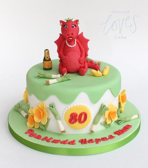 welsh 80th cake | For a true welsh woman on her 80th - glamo… | Flickr Chocolate Bowls With Balloons, St George Dragon, Rugby Cake, Dragon Birthday Cakes, Anna Cake, St David, Dragon Cakes, 40th Cake, Dragon Cake