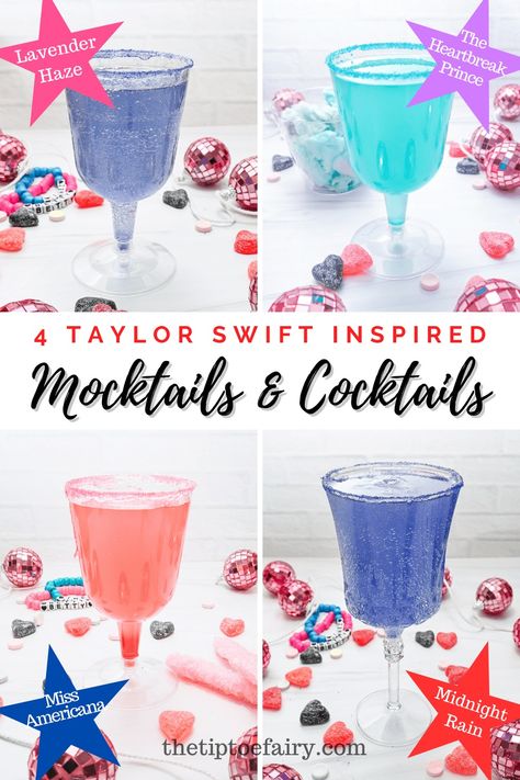 Four Drinks for a Taylor Swift Era's Tour Party Taylor Swift Mixed Drink, Non Alcoholic Taylor Swift Drinks, Eras Tour Mocktails, Taylor Swift Themed Drinks Mocktails, Taylor Swift Punch Recipes, Eras Tour Candy Bar, Taylor Swift Lover Era Party, Eras Watch Party Snacks, Taylor Swift Themed Mocktails