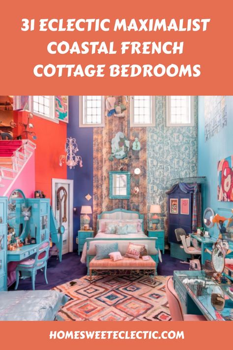 an eclectic maximalist bedroom with coastal and french cottage styles Maximalist Coastal, Eclectic Maximalist Bedroom, Whimsical Chandelier, French Cottage Bedroom, Cottage Bedrooms, Maximalist Bedroom, Eclectic Maximalism, Neon Bedroom, Tropical Bedrooms