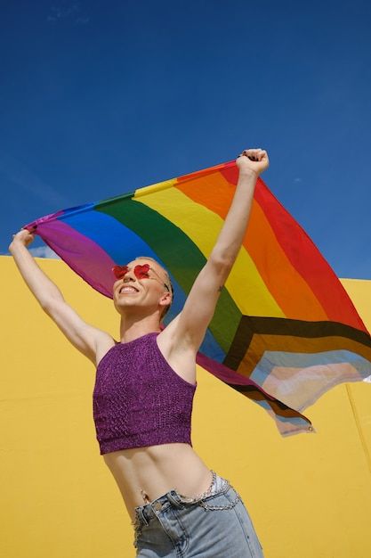 Person Holding Pride Flag, Flag Pose Reference, Pride Colors, Low Angle, Non Binary, Rainbow Flag, Equal Rights, Gender Identity, Lgbtq Pride