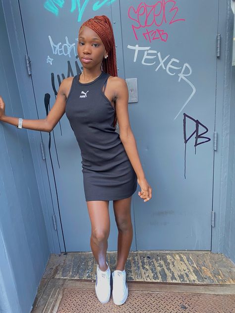 Black puma dress , high top puma sneakers, long knotless ginger braids, jewelry Knotless Ginger Braids, Ginger Braids, Nice Outfits, Black Puma, Puma Sneakers, Insta Fits, Clear Skin, High Top, Tshirt Dress