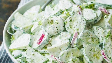 Easy Creamy Cucumber Salad Recipe Cucumber Salad With Dill, Creamy Cucumber Tomato Salad, Salad With Dill, Vegan Feta Cheese, Creamy Cucumber Salad, Cucumbers And Onions, Creamy Cucumbers, Salad Recipes Video, Cucumber Tomato Salad