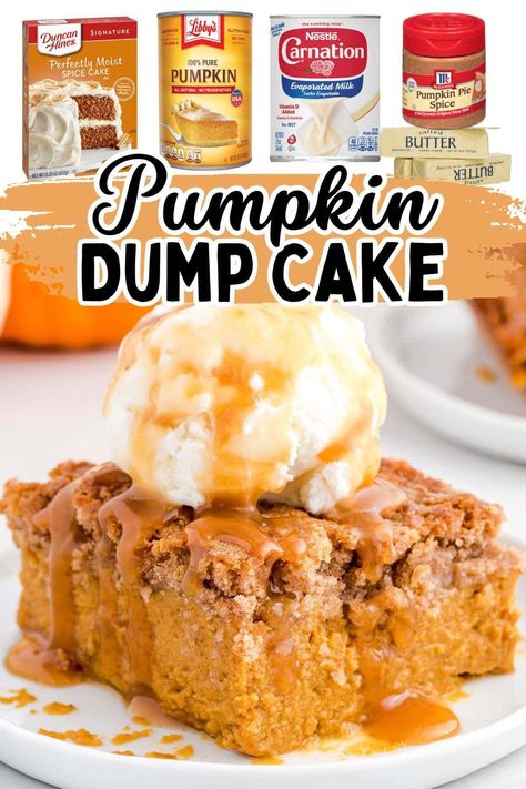 Pumpkin Dump Cake is one of our most popular recipes with my readers for a reason – it takes 10 minutes to prep and is ready to bake even before the oven is preheated! Equally easy as it is delicious, it’s no wonder why this recipe has almost 100 5-star reviews! The perfect dessert for fall! #pumpkinrecipe #falldessert #easyrecipe Easy Pumpkin Dump Cake Recipe, Pumpkin Pie Crunch, Easy Pumpkin Dump Cake, Pumpkin Dump Cake Recipe, Pumpkin Dump, Perfect Pumpkin Pie, Pumpkin Crunch, Dump Cake Recipe, Dump Cake Pumpkin