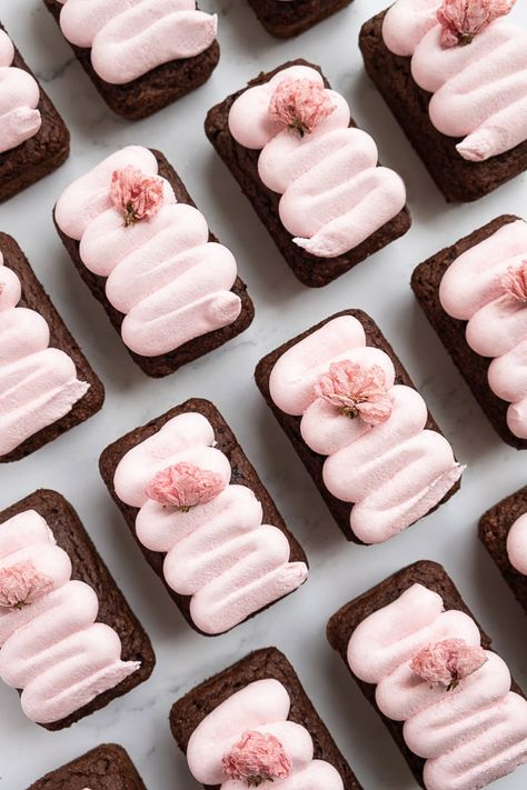 Mini Chocolate Loaves With Cherry Blossom Frosting Vegan Gluten Free Cherry Blossom Food, Cherry Blossom Cookies, Floral Cookies, Chocolate Tahini, Stained Glass Floral, Sweet Potato Powder, Cafe Recipes, Tahini Cookies, Plating Ideas