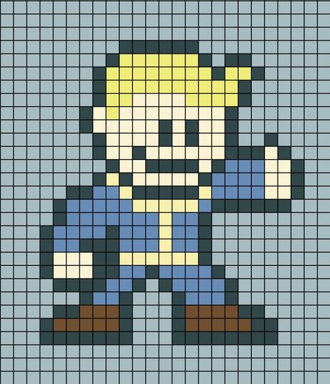 A pixel art template of Vault Boy the Fallout Vault Tec mascot. Minecraft Fallout Vault, Fallout Crochet Pattern, Fallout Perler Beads, Fallout Cross Stitch, Fallout Pixel Art, Fallout Crochet, Fallout Diy, Pixel Building, Square Drawing