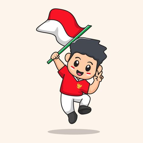 flag waving cartoon. flat character vector. Indonesian Independence day Independence Day Cartoon, August Decor, Mini Illustration, Indonesian Independence Day, Indonesian Independence, Indonesian Flag, Flat Character, Hut Ri, 17 August