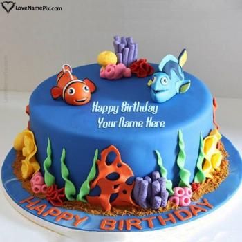 Dory Birthday Cake, Happy Birthday Cake Writing, Fish Cake Birthday, Birthday Cake Write Name, Wish Happy Birthday, Online Birthday Cake, Nemo Cake, Dory Birthday, Kids Birthday Cake