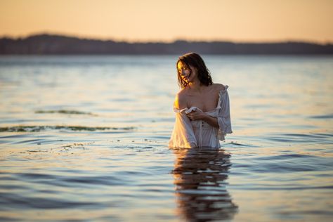 Portrait in water photoshoot Coming Out Of Water Pose, White Dress In Water, Dress In Water Photoshoot, Dress In Water Photoshoot Aesthetic, White Dress River Photoshoot, River Photoshoot Models, Flowy Dress In Water Photoshoot, White Dress Water Photoshoot, Artist Persona