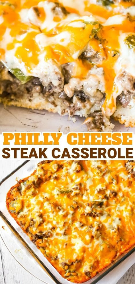 Philly Cheese Steak Casserole is an easy ground beef casserole recipe with a Bisquick base and loaded with green peppers, onions, mozzarella and cheddar cheese. Cheese Steak Casserole, Easy Ground Beef Casseroles, Steak Casserole, Philly Cheese Steak Casserole, Vegetable Casserole Recipes, Ground Beef Casserole Recipes, Easy Ground Beef, Meal Train Recipes, Bisquick Recipes