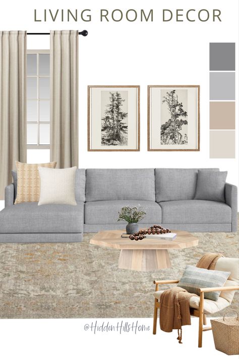 Living room decor design with a gray sectional sofa and decor accents to pair with Grey Sectional Living Room With Accent Chair, Grey Sofa Living Room Modern, Sofa Gray Living Room, Grey Sofa Accent Chair, Traditional Living Room Grey Couch, Studio Mcgee Grey Couch, Grey Sofa With Accent Chair, Classic Home Decor Living Room, Light Grey Sectional Living Room Ideas