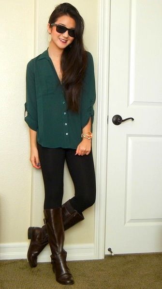 How To Wear Hunter Green by 3 Ways To Wear Dark Green Blouse Outfit, Hunter Green Pants Outfit, Black Leggings Brown Boots, Green Blouse Outfit, Dark Brown Leggings, Hunter Green Pants, Dark Green Blouse, Green Pants Outfit, Dark Green Pants