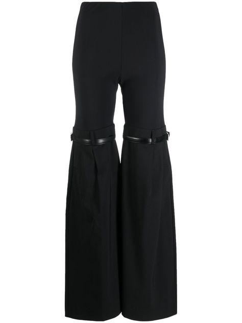 black hybrid design flared hem decorative buckle detail high-waisted elasticated waistband two rear button-fastening pockets Coperni Pants, Unique Pants Design, Office Clothing, 23 Fashion, Blue Jean Outfits, Womens Black Pants, Custom Jeans, Hybrid Design, Flared Trousers