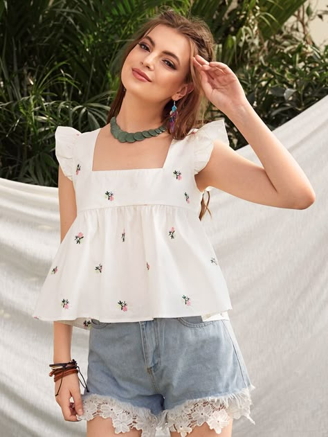 White Boho  Cap Sleeve Schiffy Floral Peplum Embellished Non-Stretch Summer Women Tops, Blouses & Tee Floral Top Outfit, Peplum Top Outfits, Cotton Short Tops, Cotton Tops Designs, Butterfly Sleeve Top, Butterfly Sleeve Dress, Simple Kurta Designs, Fashion Dictionary, Stylish Fall Outfits